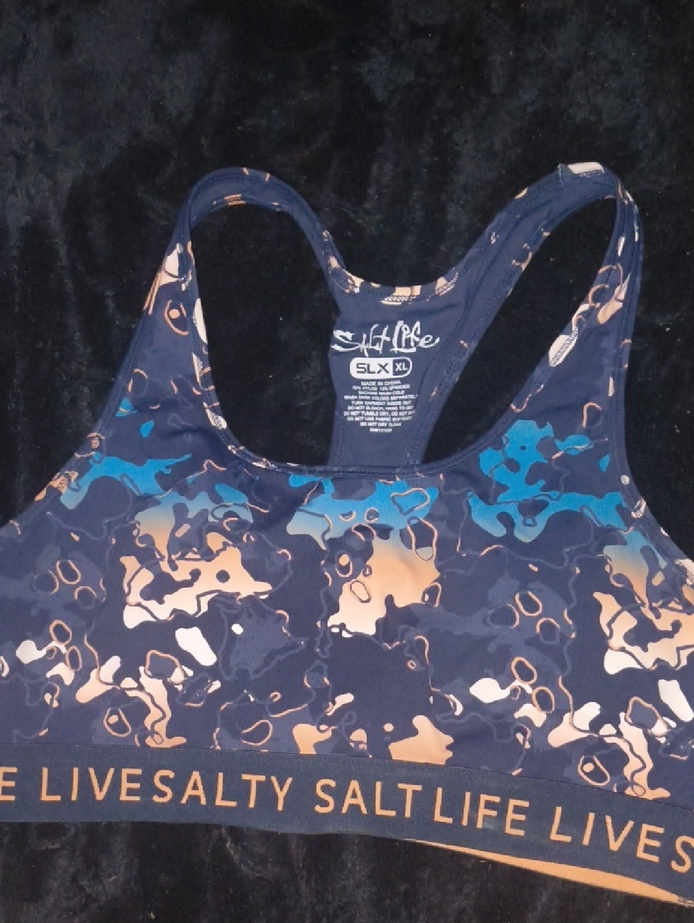 Salt Life Blue & Navy Camo Racerback Sports Bra with Tan Accents - Picture 3 of 4
